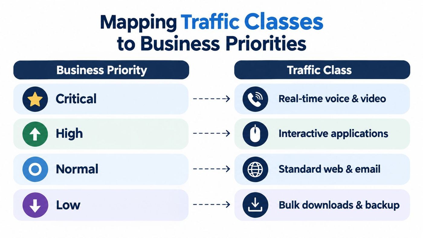 A chart illustrating the mapping of business priorities like critical or low to specific network traffic classes.