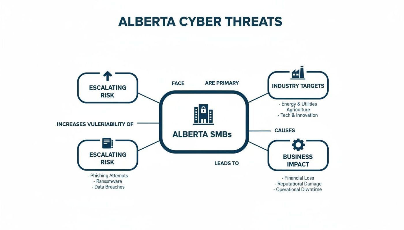 Flowchart detailing escalating cyber threats and their business impact on Alberta SMBs across key industries.
