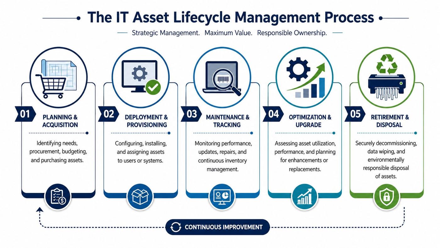 A diagram outlining the five stages of the IT asset lifecycle management process from planning to disposal.
