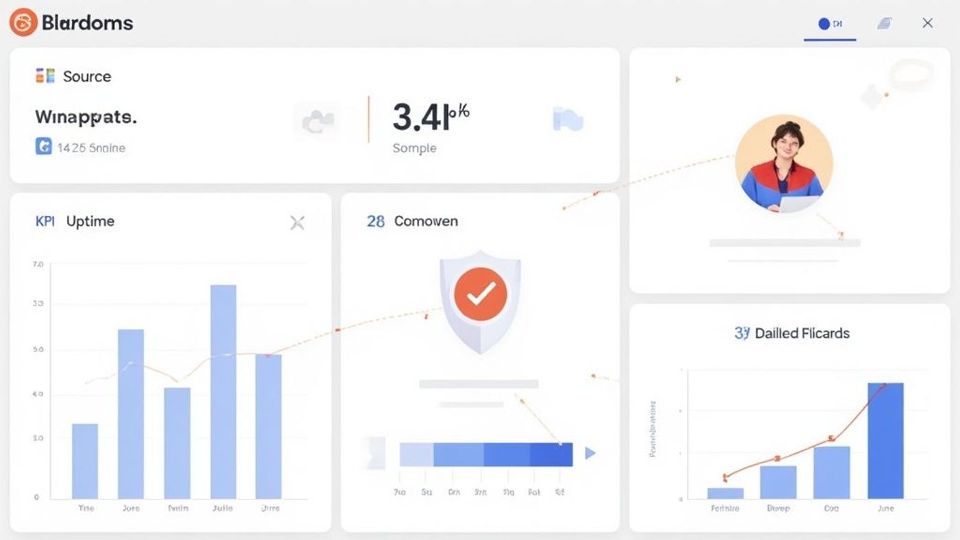 Business dashboard displaying KPI uptime metrics, conversion rates, and data analytics with colorful charts and graphs
