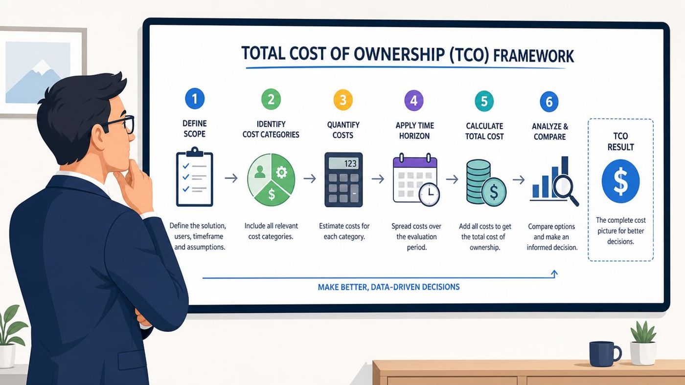 A professional man looking at a six-step Total Cost of Ownership framework infographic displayed on a screen.