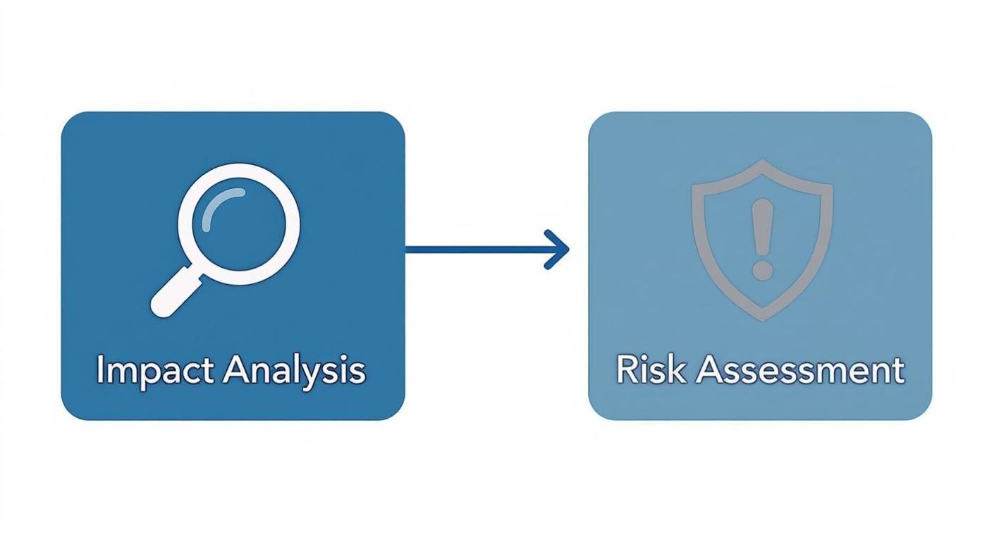 Diagram showing Impact Analysis, represented by a magnifying glass, flowing into Risk Assessment, represented by a shield.