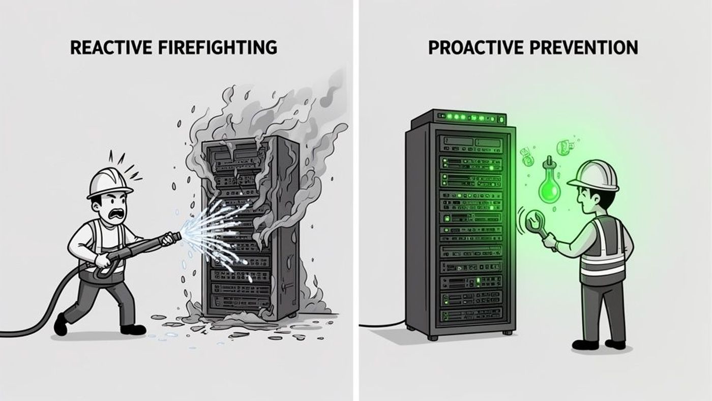 A comparison illustration showing a stressed technician extinguishing a server fire versus a calm technician proactively monitoring.
