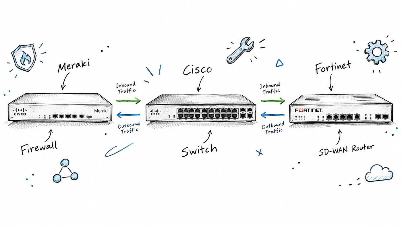 A diagram illustrating a network configuration with a Cisco Meraki firewall, a Cisco switch, and a Fortinet router.