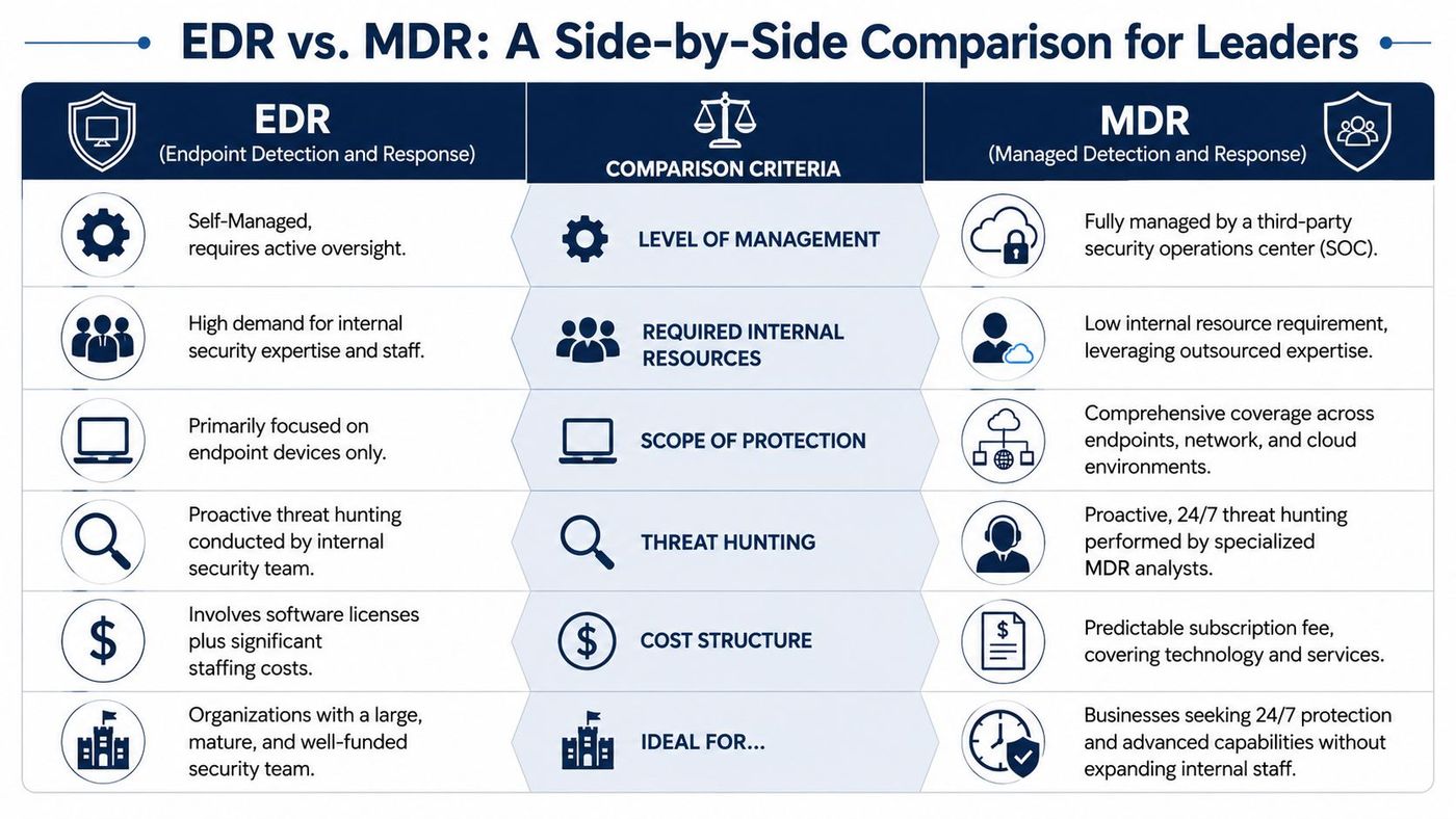 A comparison table for leaders highlighting the key differences between EDR and MDR security solutions.