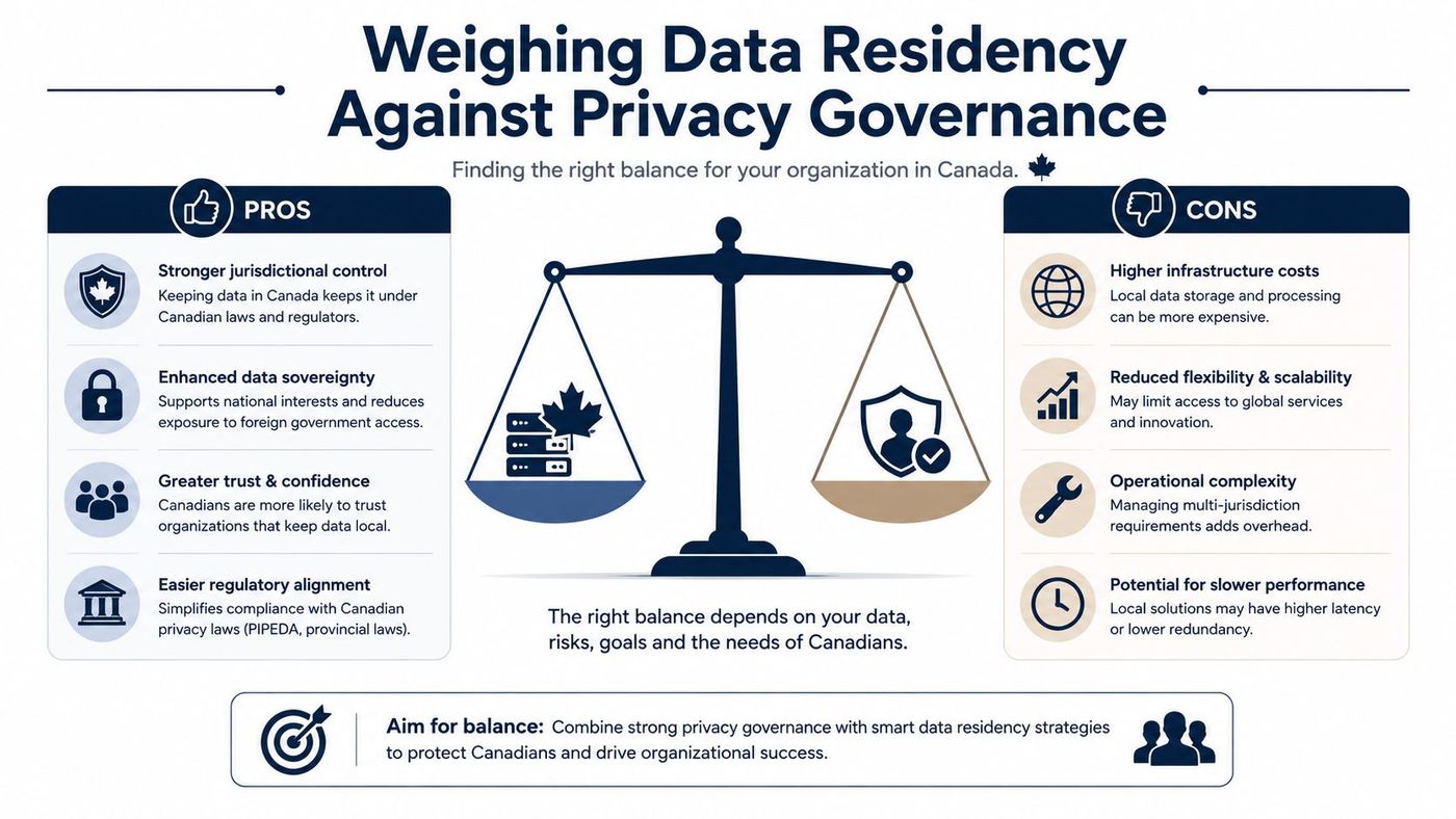 An infographic titled Weighing Data Residency Against Privacy Governance showing pros and cons for organizations in Canada.