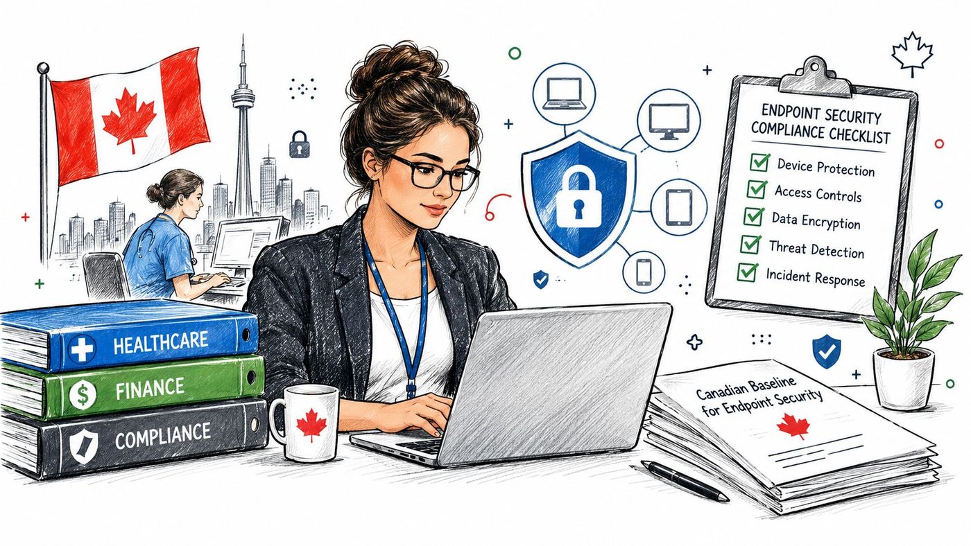 A businesswoman working on a laptop with a Canadian security checklist and compliance documents in the office.