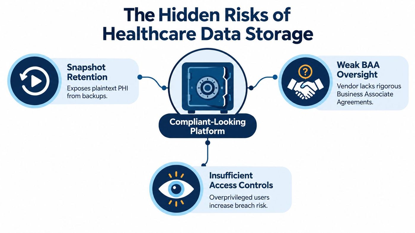 An infographic illustrating three primary hidden security risks associated with storing healthcare data on seemingly compliant platforms.