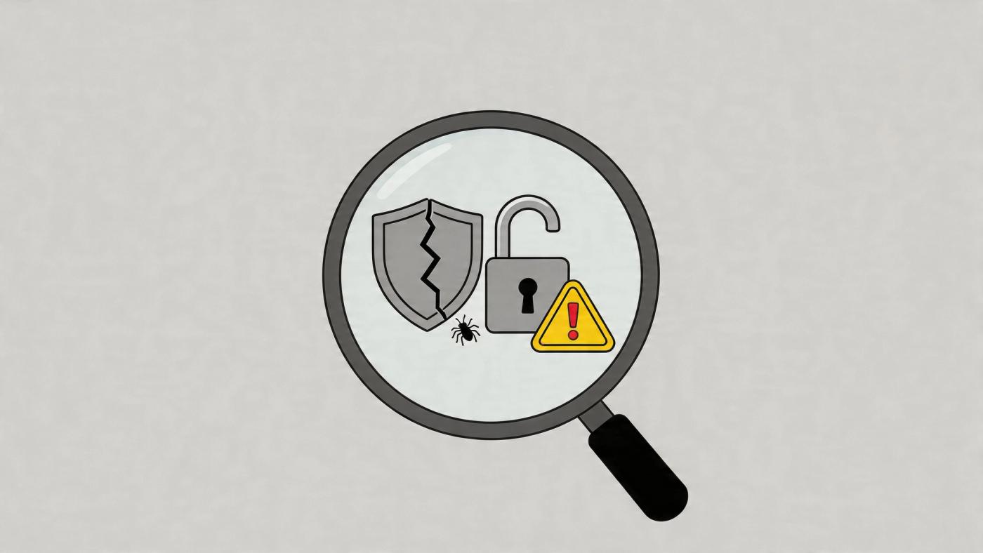 A magnifying glass focusing on a broken shield, an unlocked padlock, a bug, and a warning sign.
