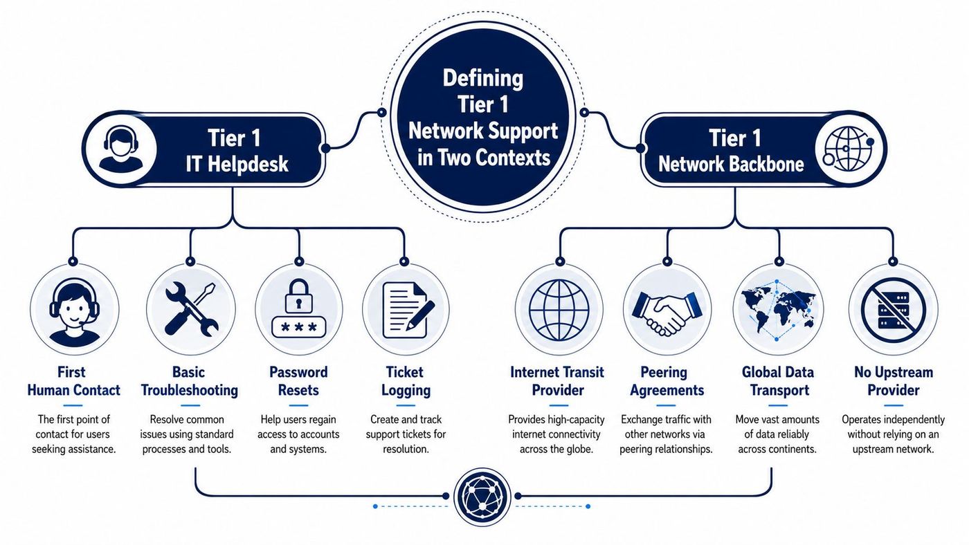 An infographic defining Tier 1 support for both IT helpdesk services and global network backbone infrastructure.