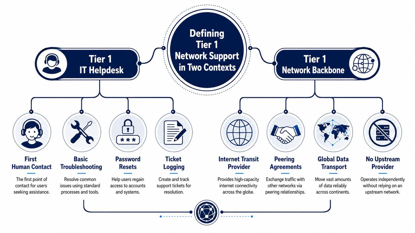 An infographic defining Tier 1 support for both IT helpdesk services and global network backbone infrastructure.