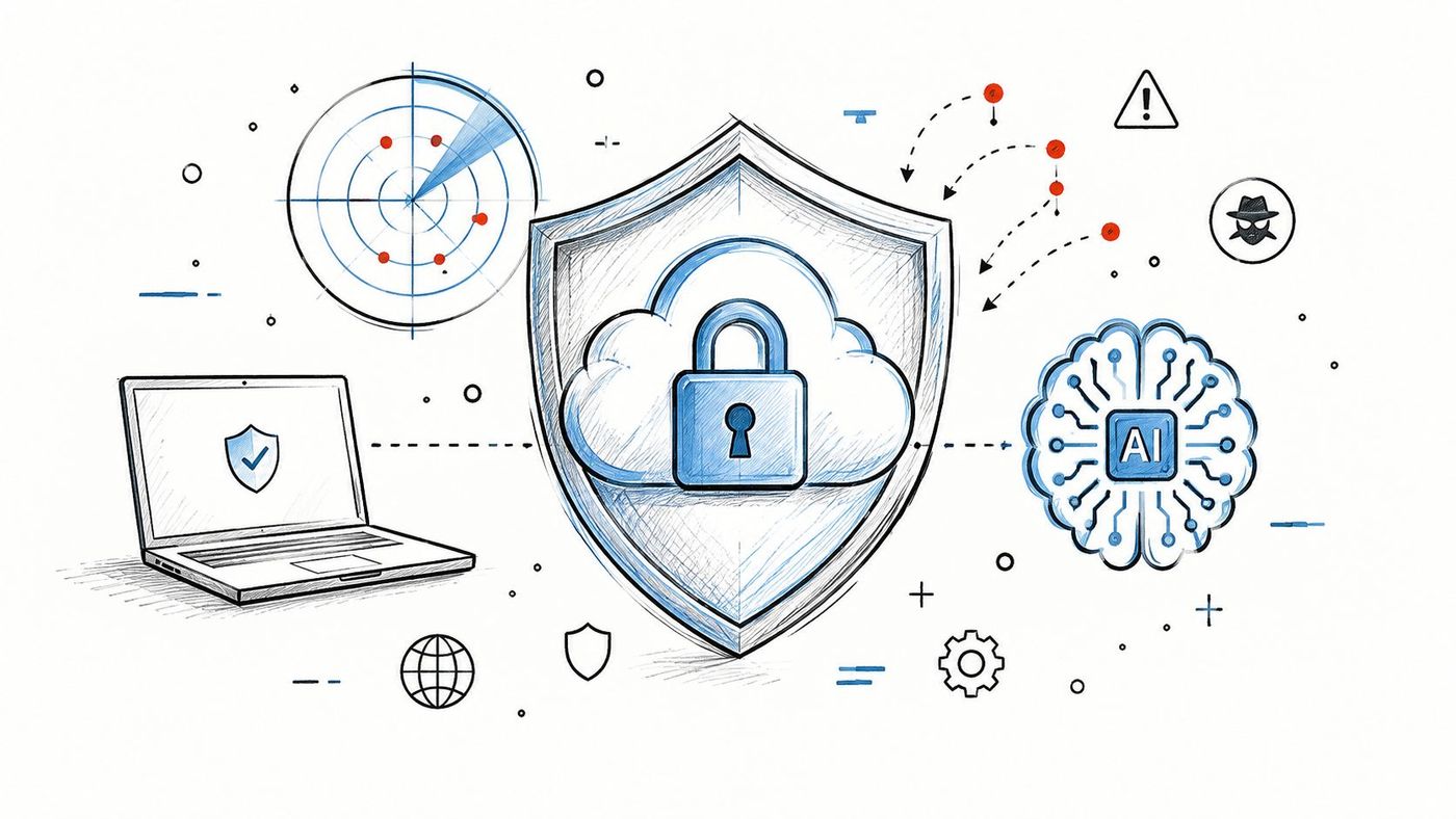 A hand-drawn illustration showing a secure cloud lock shield connected to a laptop and artificial intelligence.