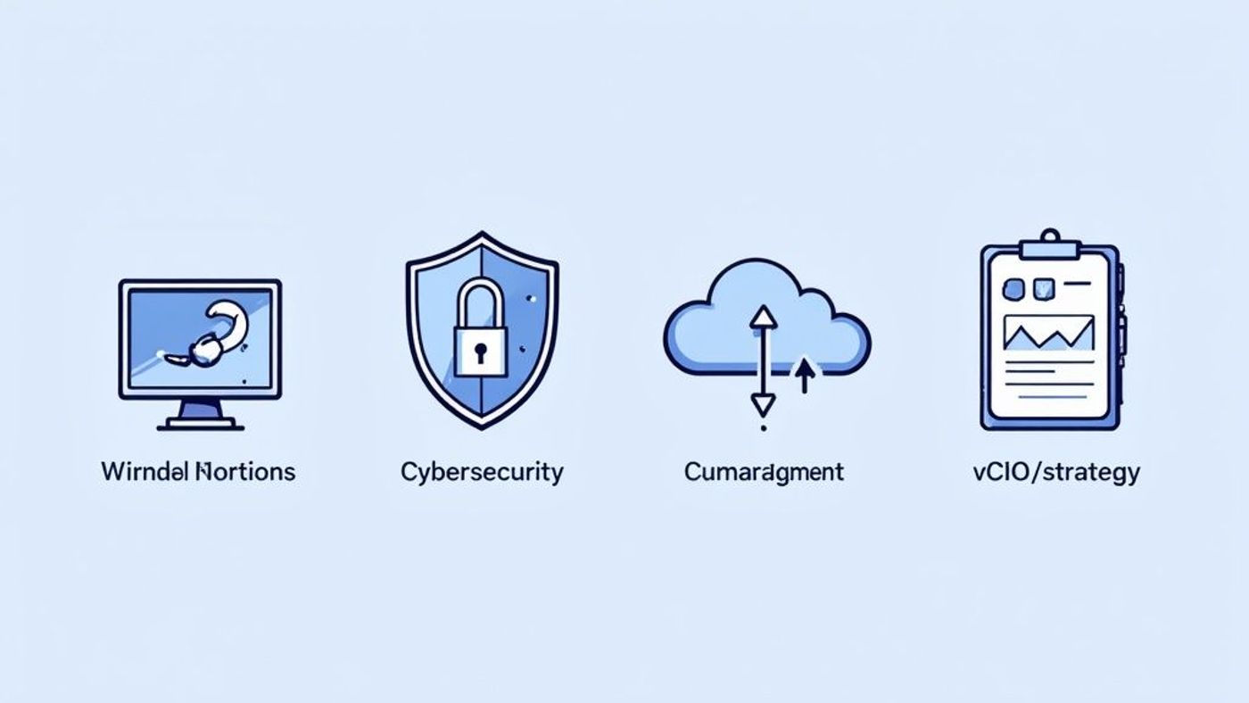 Four blue and white icons representing different IT services: desktop support, cybersecurity, cloud management, and strategy.