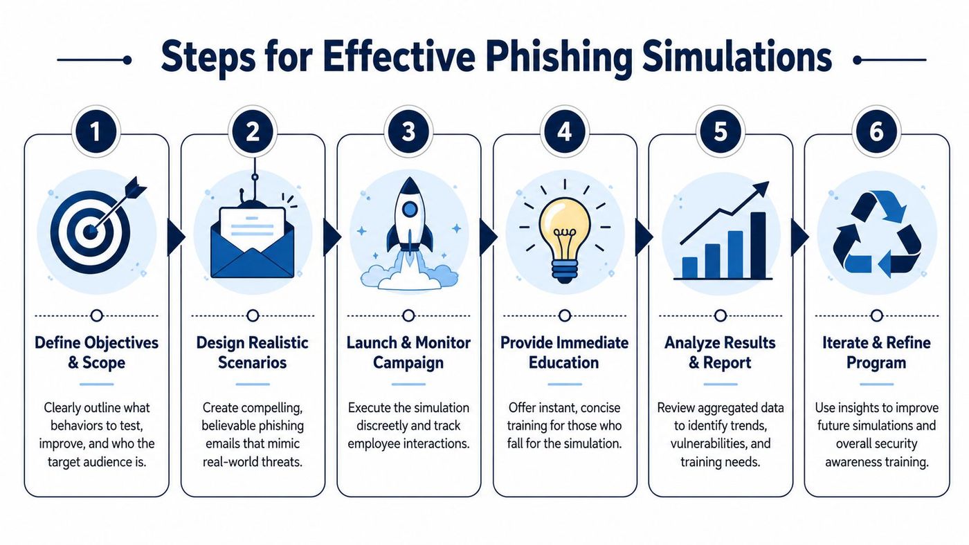 A six-step infographic illustrating the process of conducting effective cybersecurity phishing simulation campaigns for employee training.