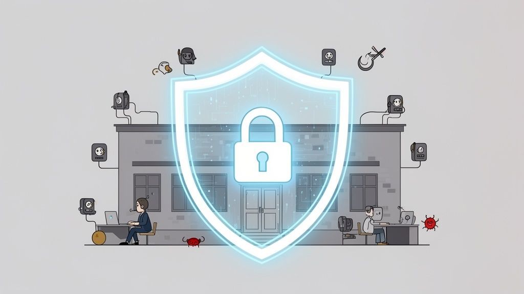 Digital security shield protecting an office building with workers and various network threats.