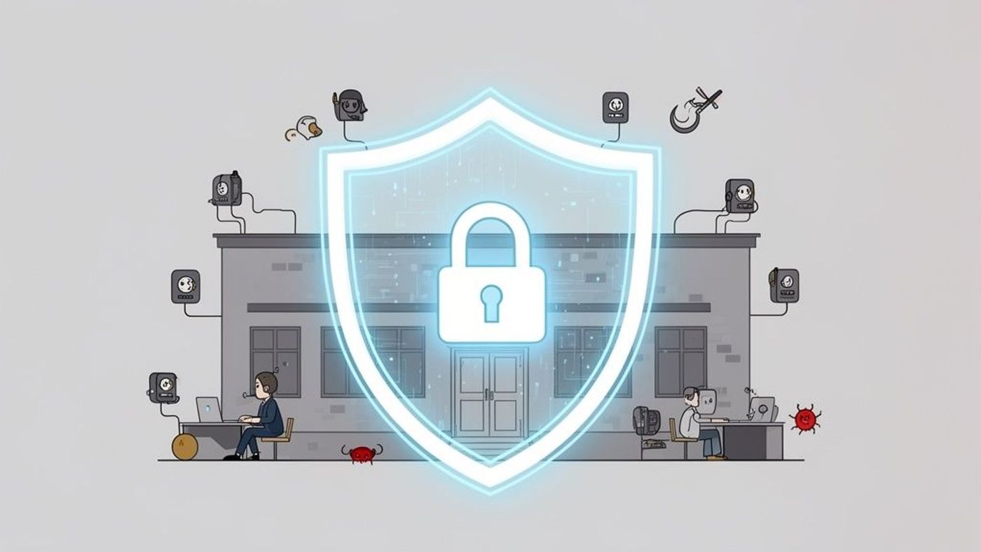 Digital security shield protecting an office building with workers and various network threats.