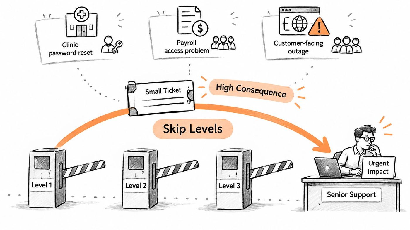 An illustration showing high-consequence support tickets bypassing standard support levels to reach senior support staff directly.