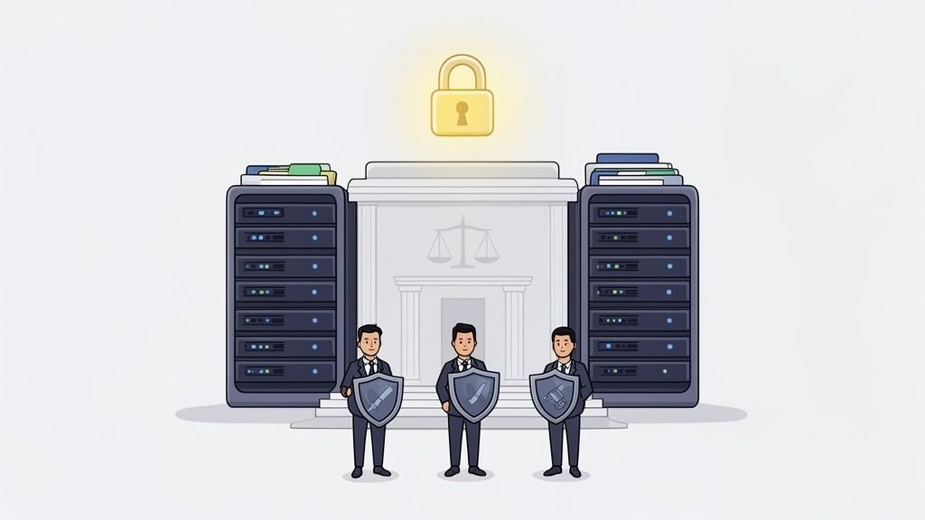 Three legal professionals protect servers and a courthouse with a padlock, symbolizing IT security for law firms.