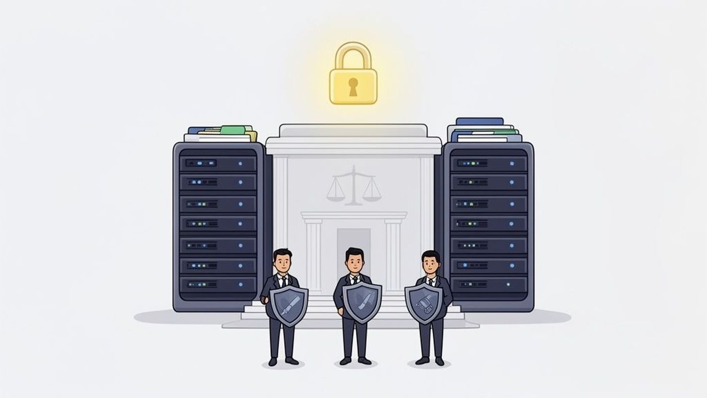 Three legal professionals protect servers and a courthouse with a padlock, symbolizing IT security for law firms.