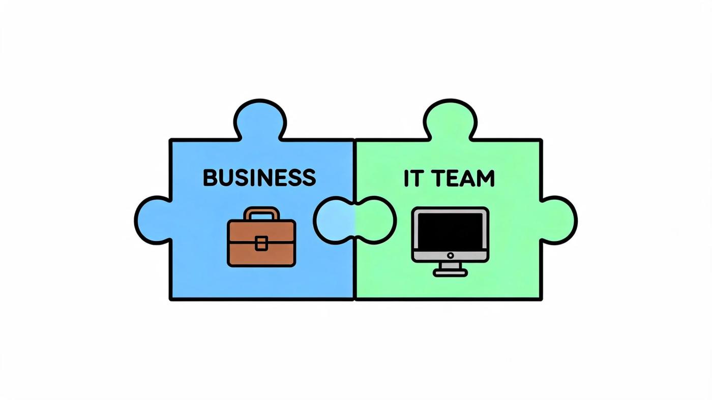 A puzzle piece illustration representing the collaboration between business and an IT team in a professional setting.