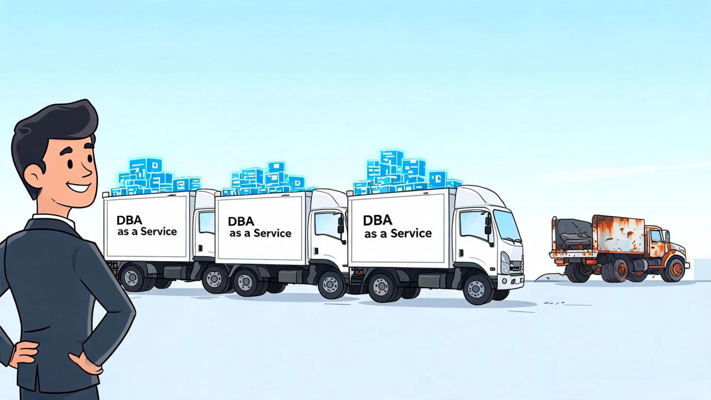 A businessman looking at a fleet of clean DBA as a Service trucks next to a rusty truck.