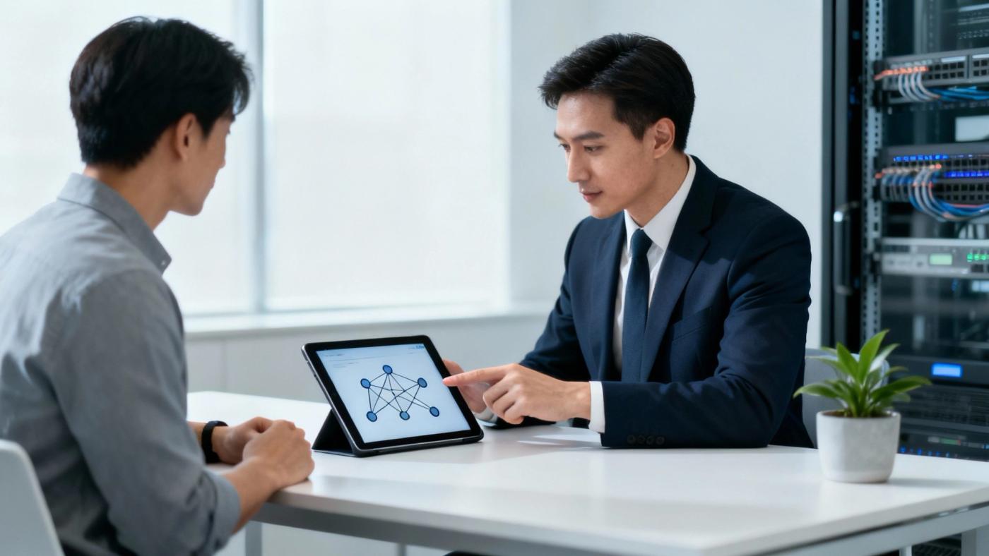 A team of IT professionals collaborating in a modern office environment.