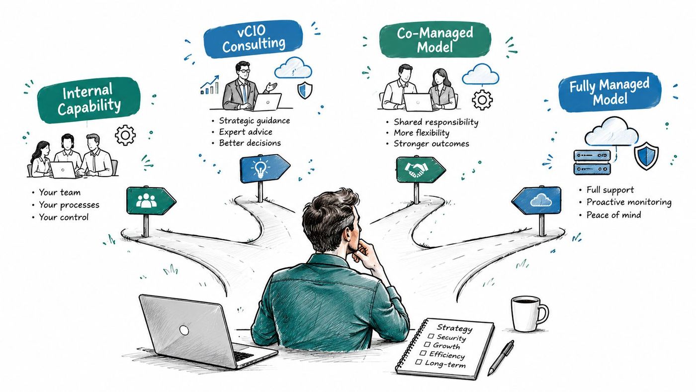 A professional considering four different IT service models, including internal capability, vCIO consulting, co-managed, and fully managed.