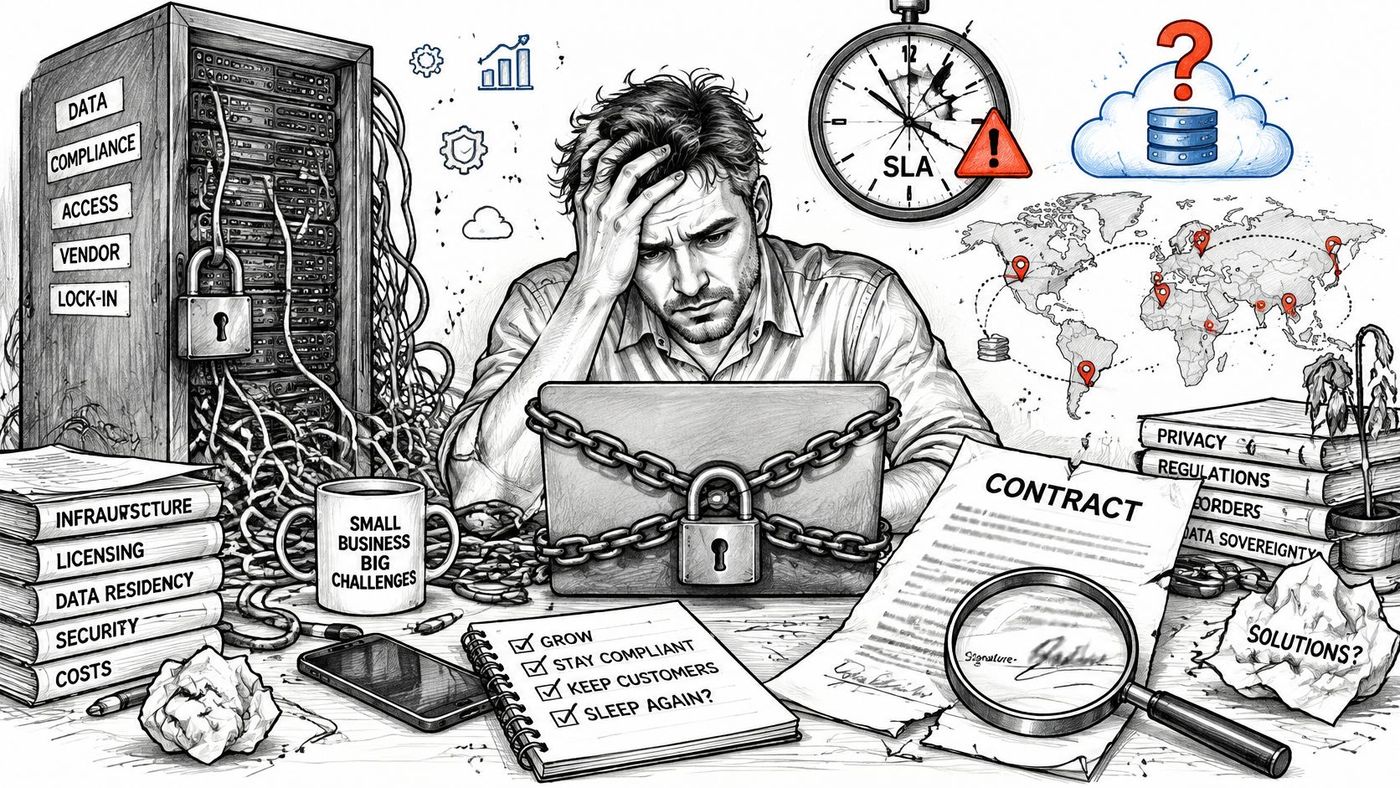 A stressed IT professional struggling with complex business infrastructure, data compliance, and challenging cloud service contracts.