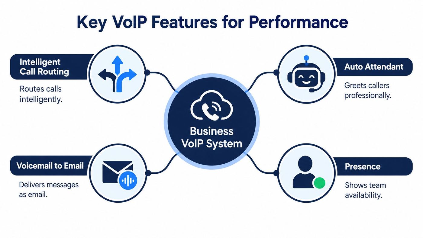 A diagram illustrating four key VoIP system features including intelligent call routing, auto attendant, voicemail to email, and presence.