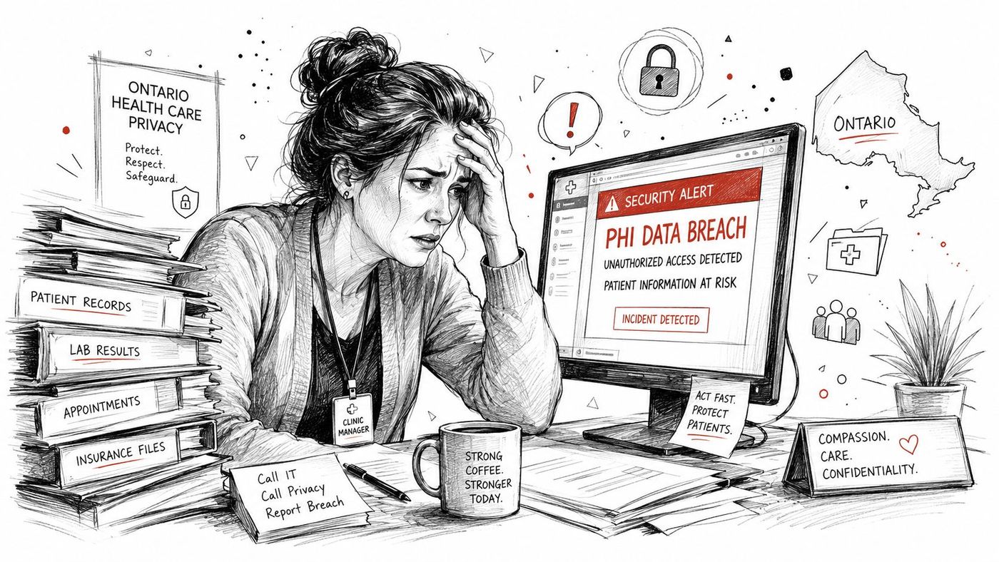 Stressed clinic manager at desk viewing a digital security alert about a patient health information data breach.