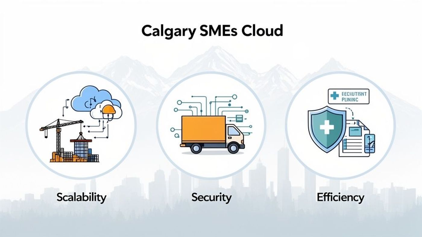 Infographic showing Calgary SMEs Cloud benefits: Scalability, Security, and Efficiency, each with a relevant icon.