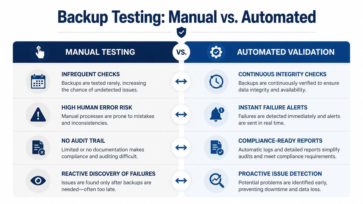 A comparison chart showing the differences between manual and automated data backup testing methods.