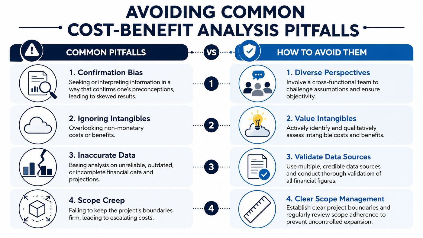 An infographic illustrating four common pitfalls in cost-benefit analysis and practical solutions for avoiding them.
