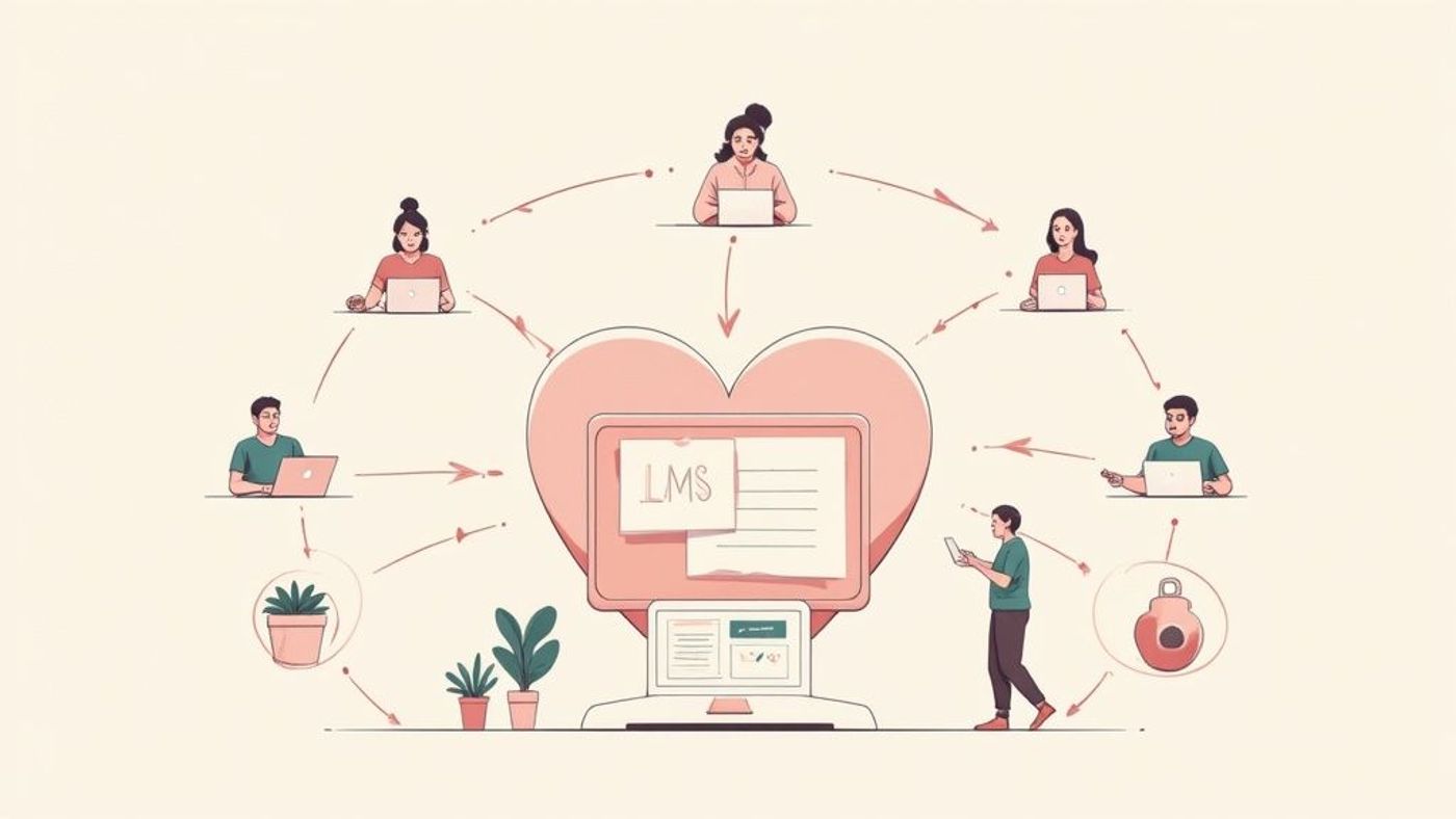 Illustration of users connecting to a heart-shaped LMS, representing online learning and community support.