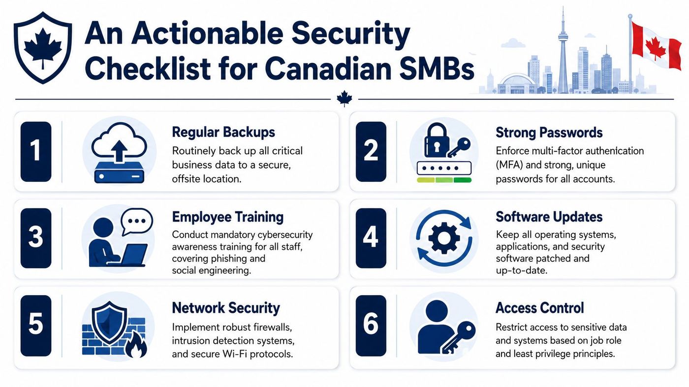 An actionable security checklist for Canadian small and medium businesses featuring six essential cybersecurity best practices.