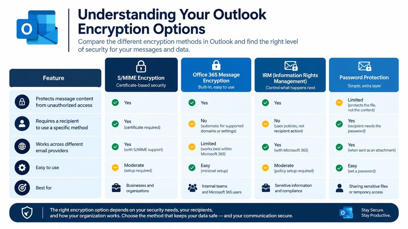 A comparison chart outlining four different Outlook encryption methods, detailing their features, usability, and ideal use cases.