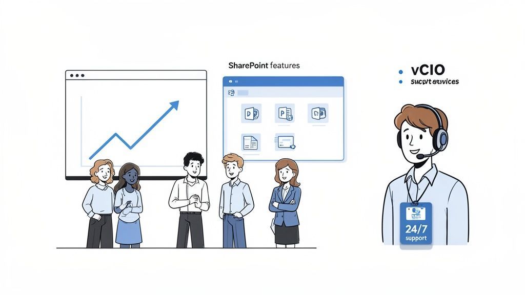 Illustration of business people using SharePoint features and receiving 24/7 vCIO support for growth.