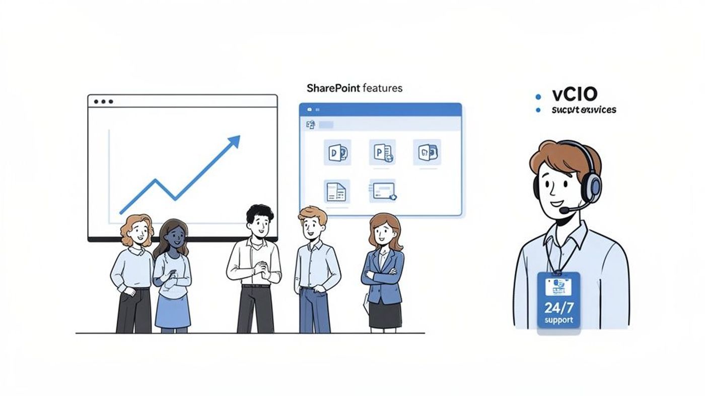 Illustration of business people using SharePoint features and receiving 24/7 vCIO support for growth.