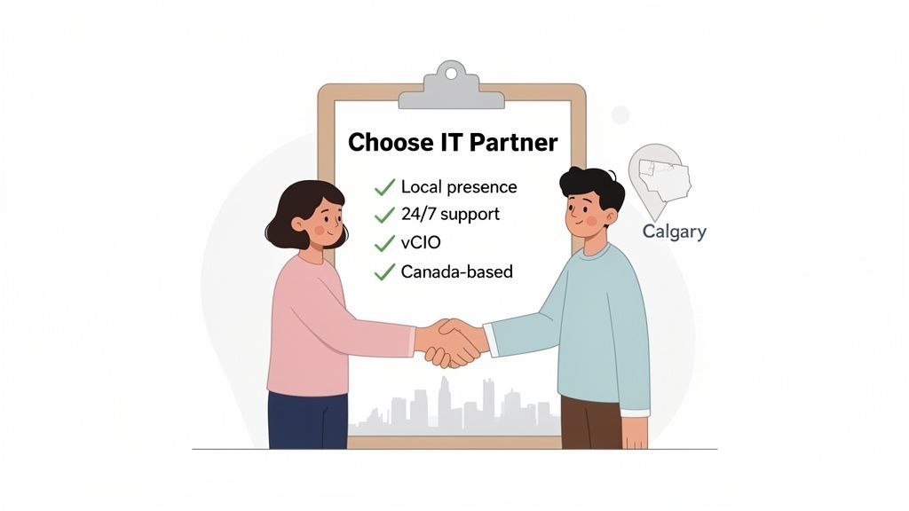 Two cartoon people shaking hands in front of a clipboard listing IT partner features like local presence, 24/7 support, vCIO, and Canada-based, with 'Calgary' indicated.