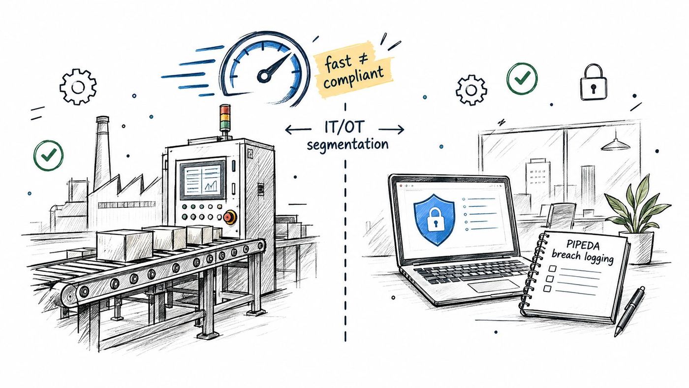 A conceptual illustration comparing industrial automation manufacturing with office IT security and compliance monitoring systems.