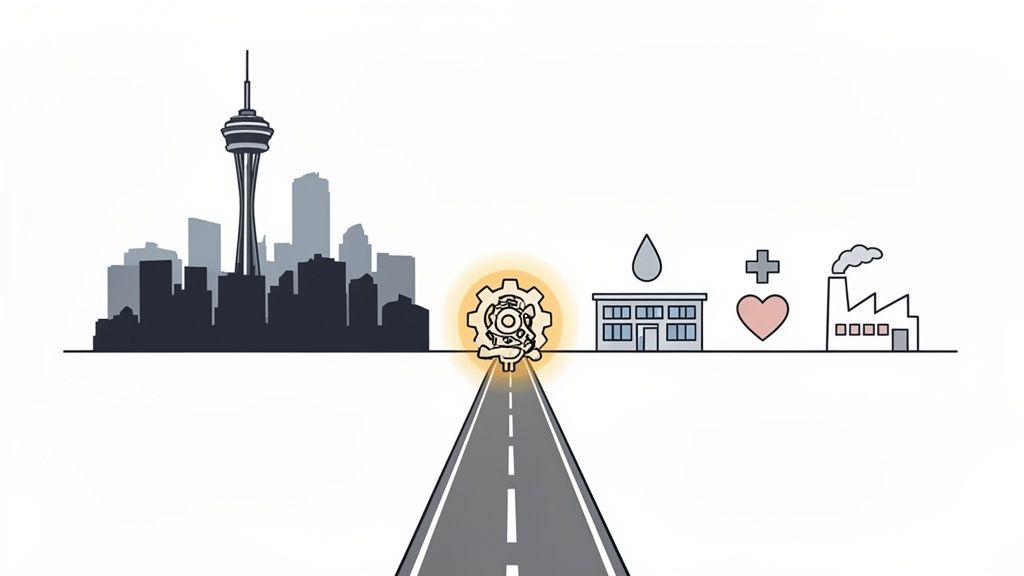 Illustration depicting a city skyline connected by a road to essential services and industry, with a central glowing gear.