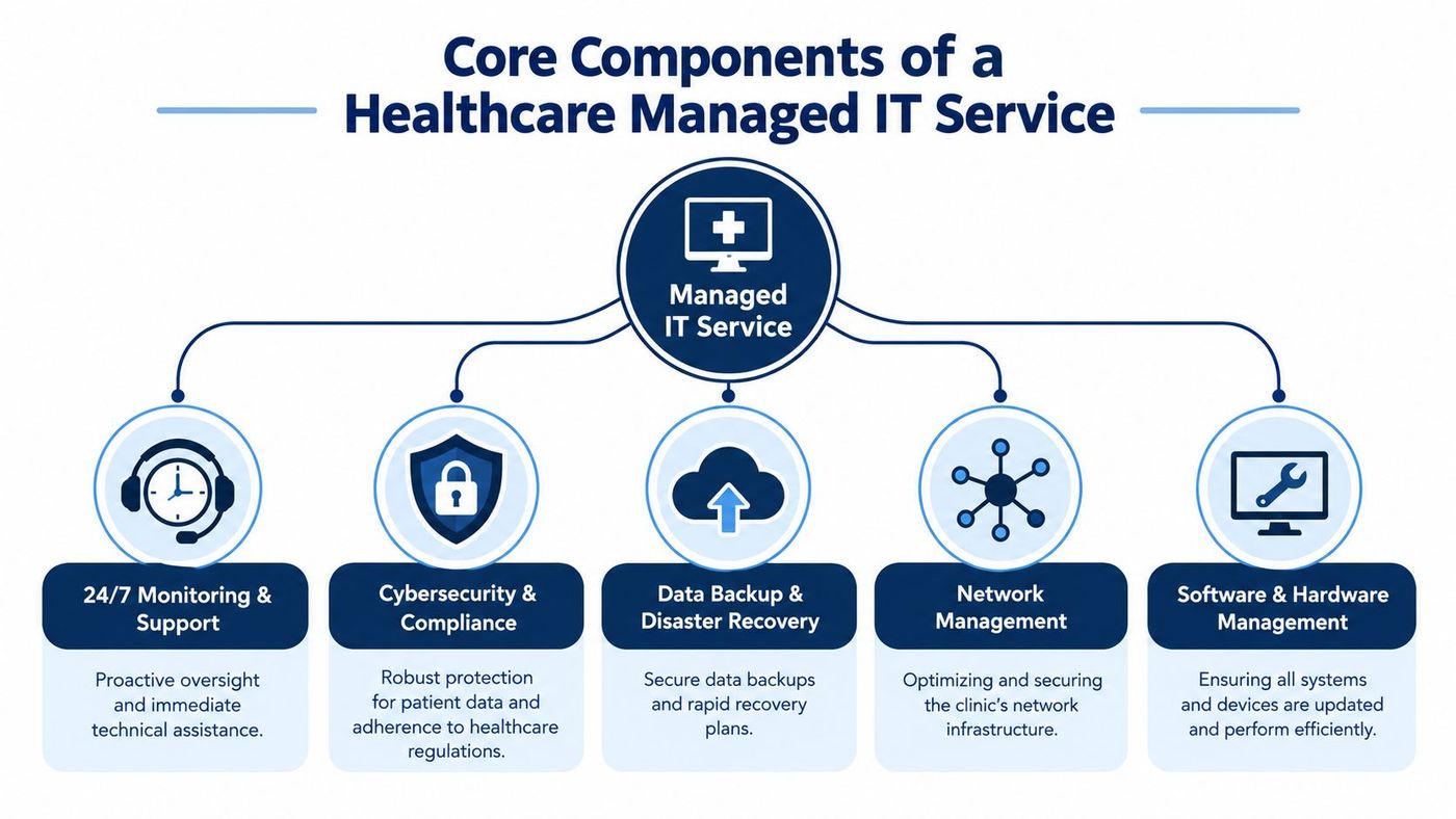 A diagram outlining the five core components of managed IT services for healthcare clinics and organizations.
