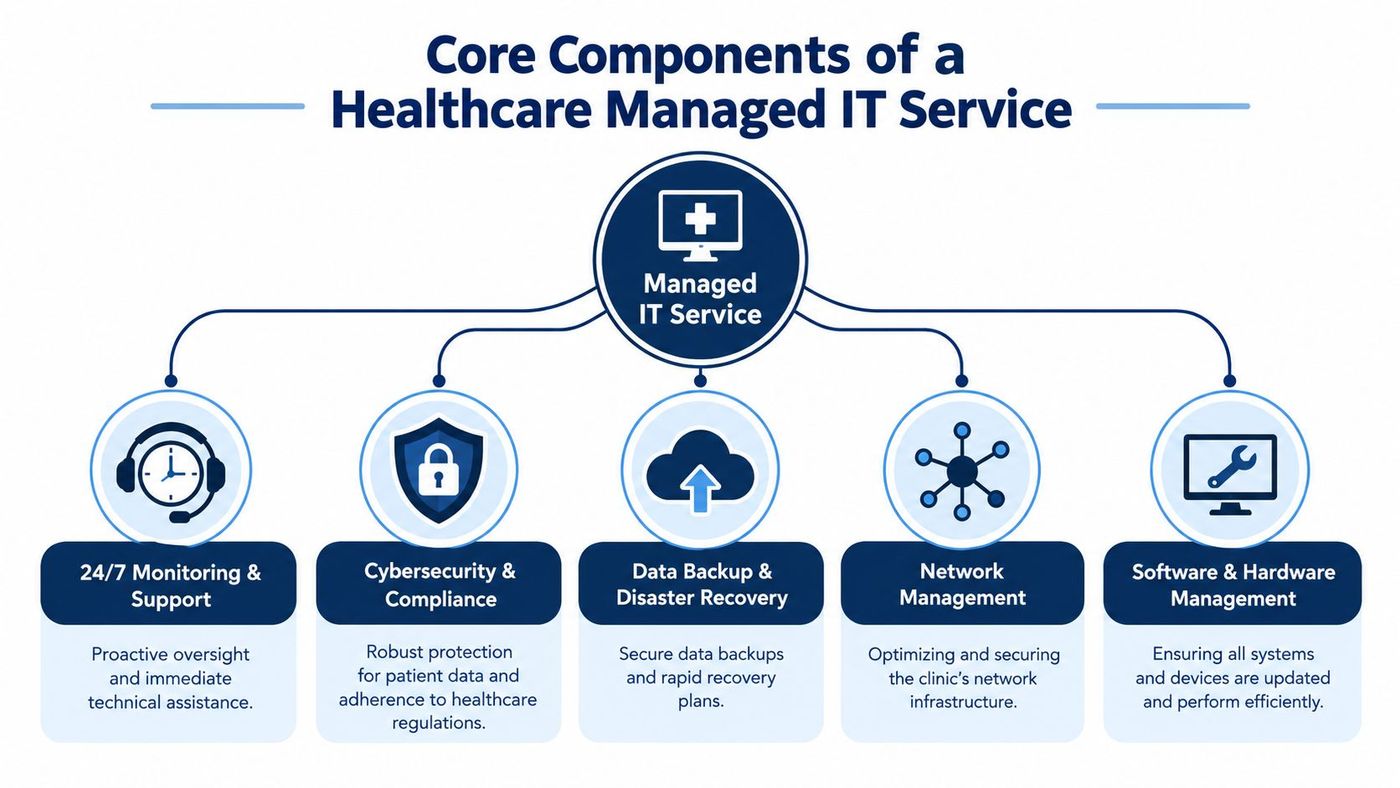 A diagram outlining the five core components of managed IT services for healthcare clinics and organizations.