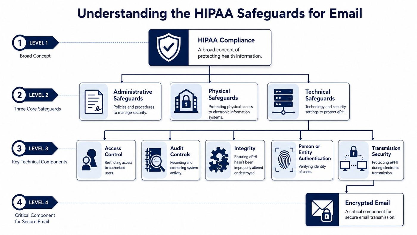 A hierarchical flowchart illustrating HIPAA compliance safeguards for email, covering administrative, physical, and technical security components.