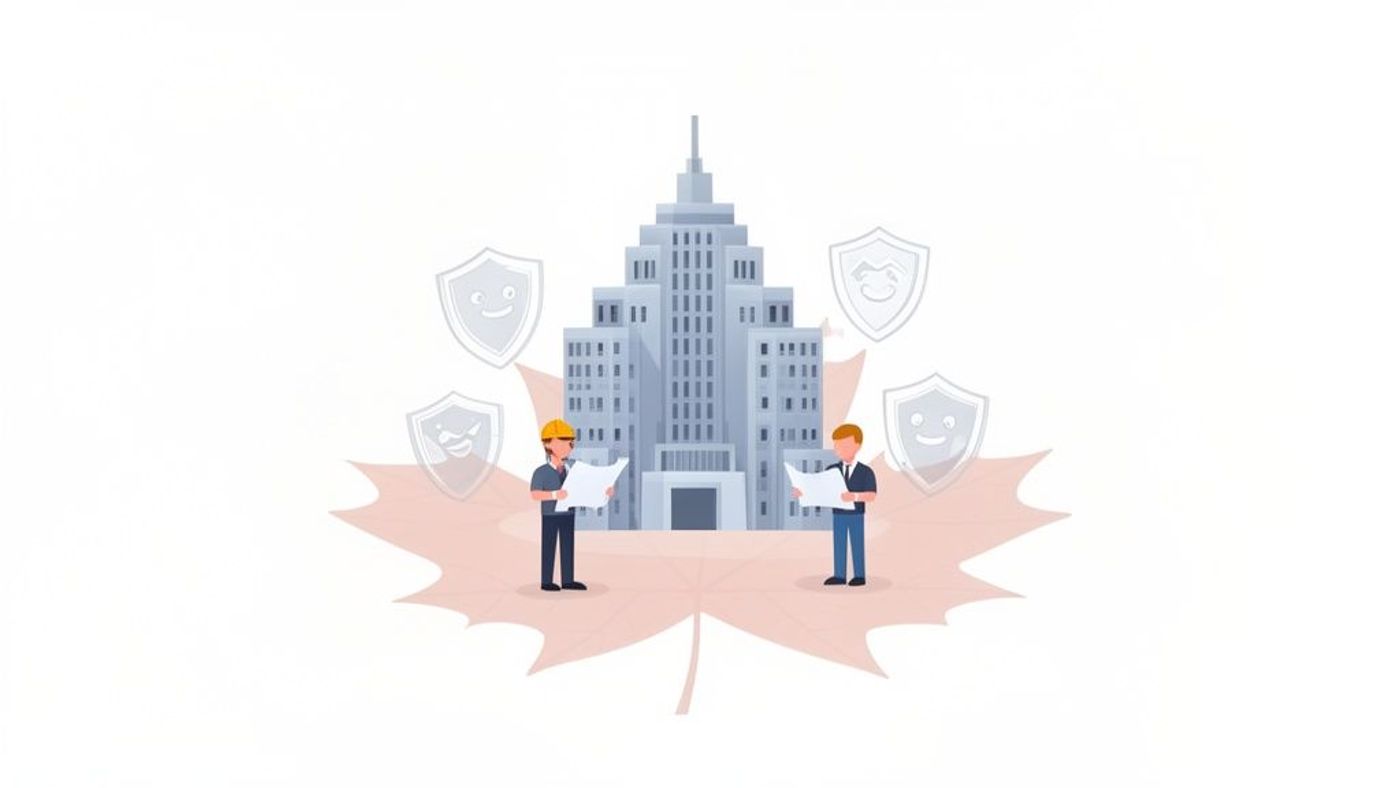 Two men with blueprints and shields around a large building on a maple leaf, symbolizing secure construction.