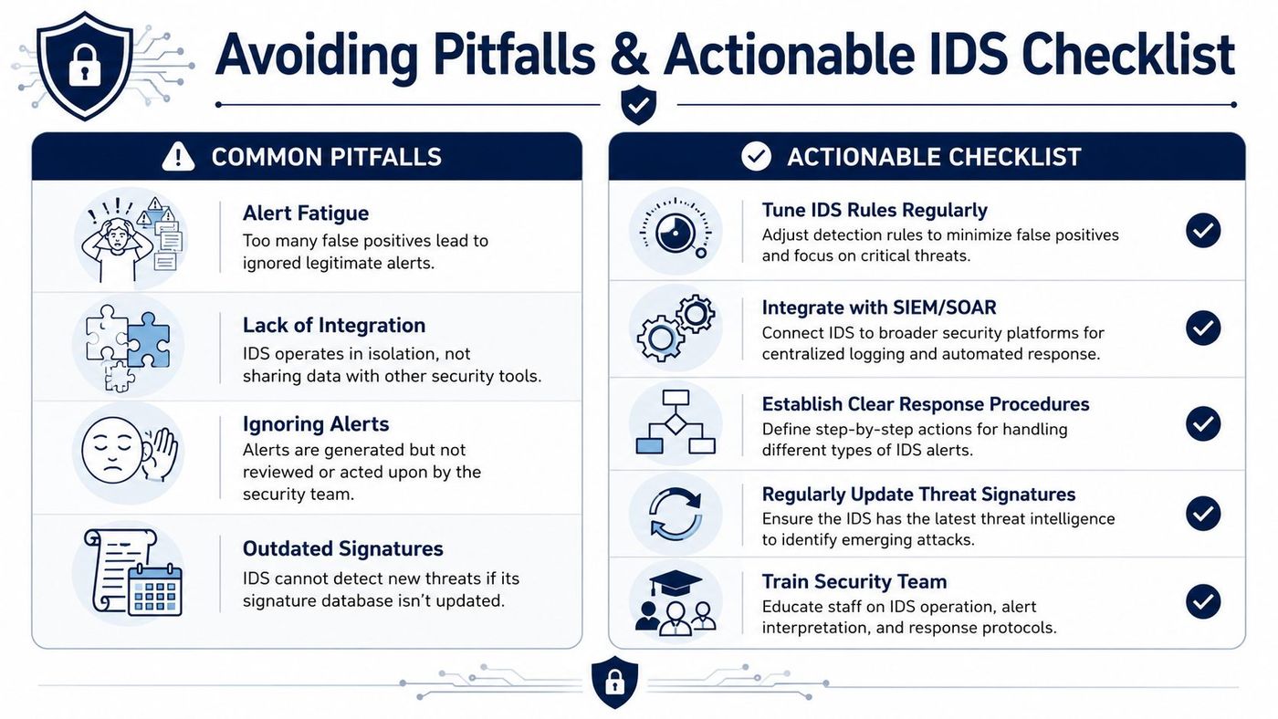 An infographic titled Avoiding Pitfalls & Actionable IDS Checklist listing common security challenges and best practices.