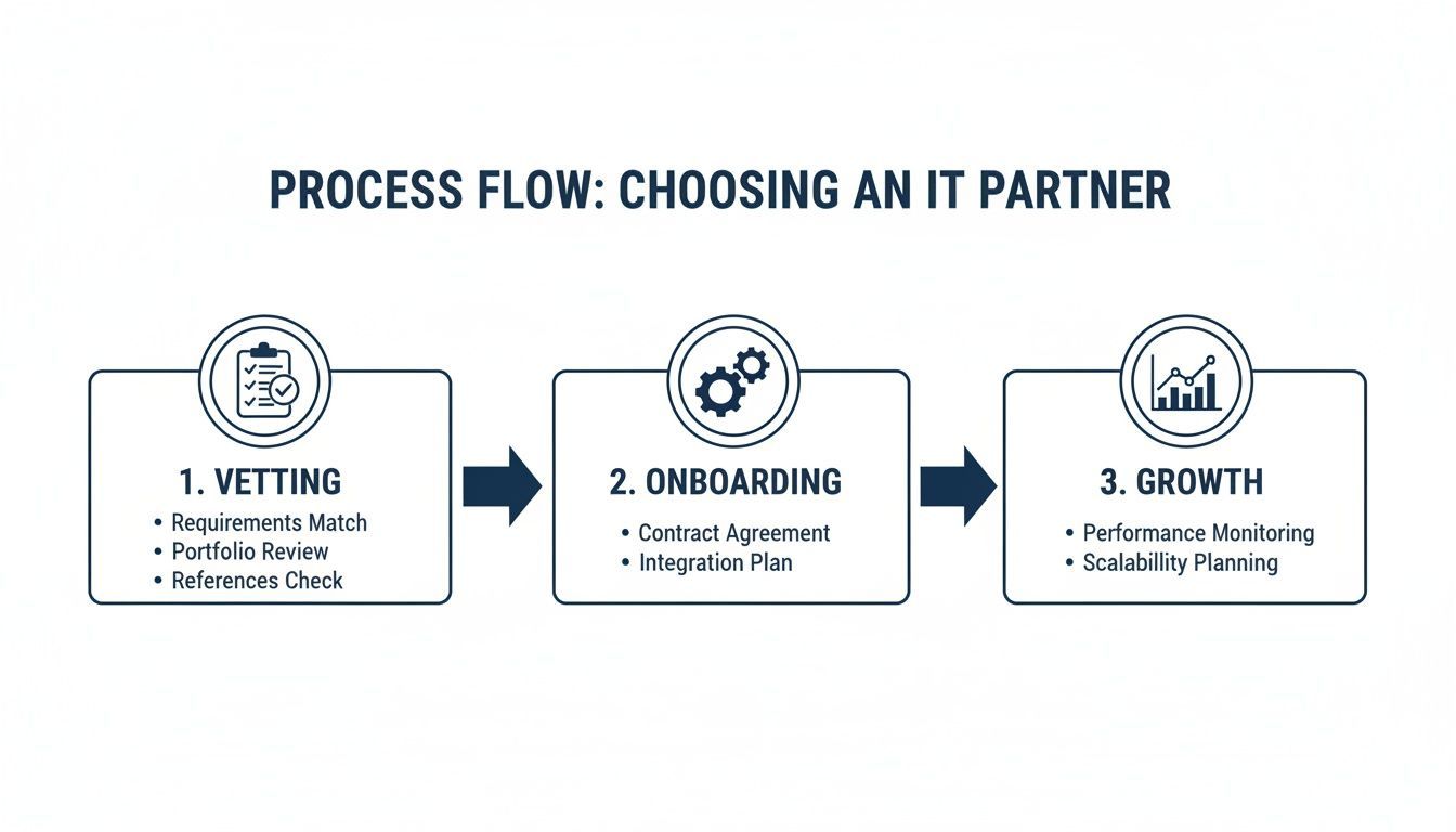 A three-step process flow diagram for choosing an IT partner, including vetting, onboarding, and growth stages.