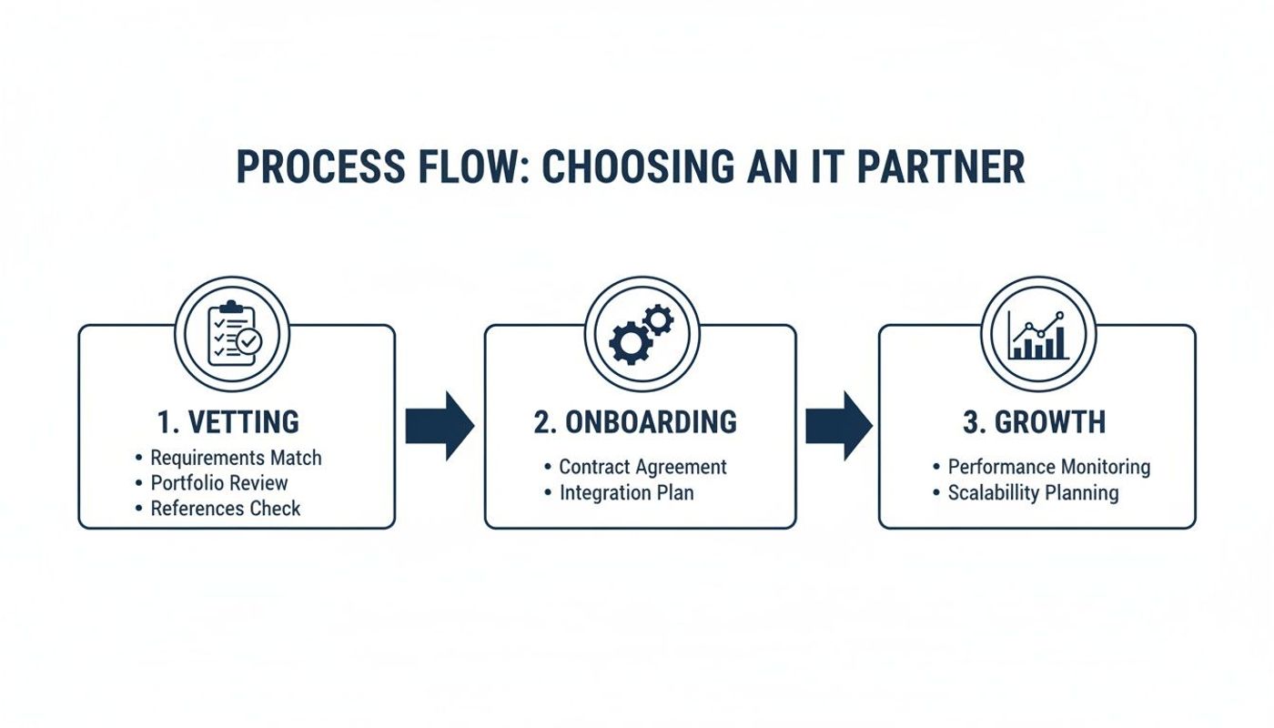 A three-step process flow diagram for choosing an IT partner, including vetting, onboarding, and growth stages.