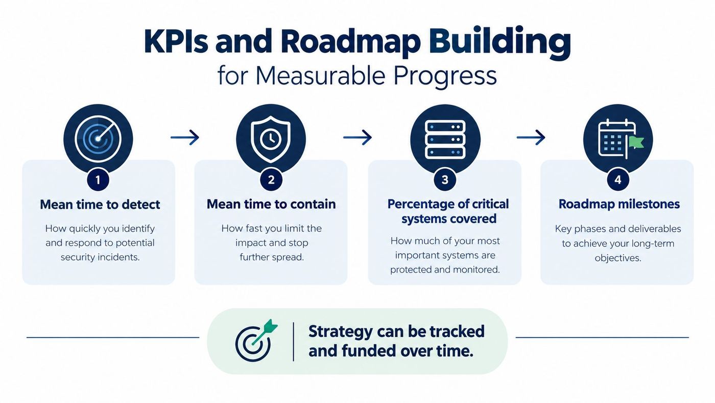 A diagram outlining KPIs and roadmap building for security strategy, showing four sequential steps for measurable progress.