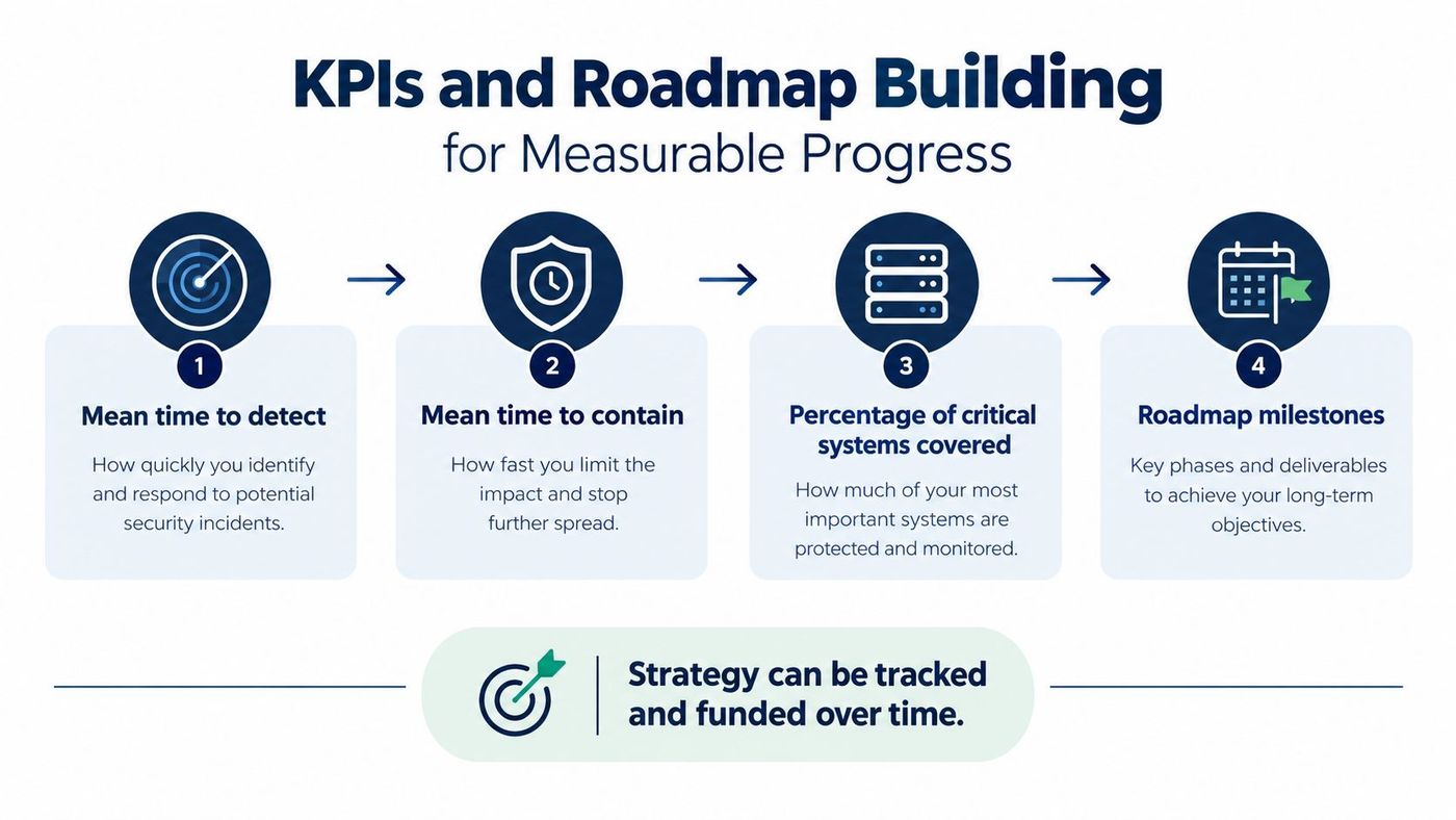 A diagram outlining KPIs and roadmap building for security strategy, showing four sequential steps for measurable progress.